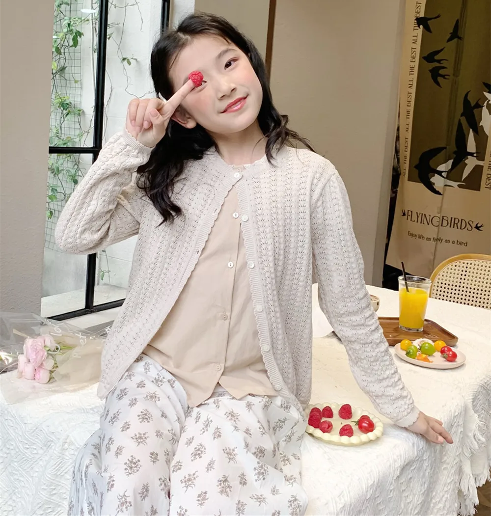 kids girl clothes girl coat Knitted hollow pattern cardigan Solid color spring summer outerwear out Girls' sunscreen clothing