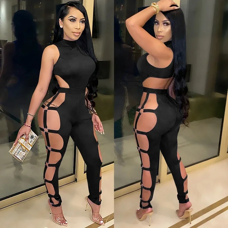 Sexy Black Bodycon Jumpsuit Romper Women Overalls Backless Hollow Out Club Night Outfits Elegant Rompers Womens Jumpsuit Catsuit