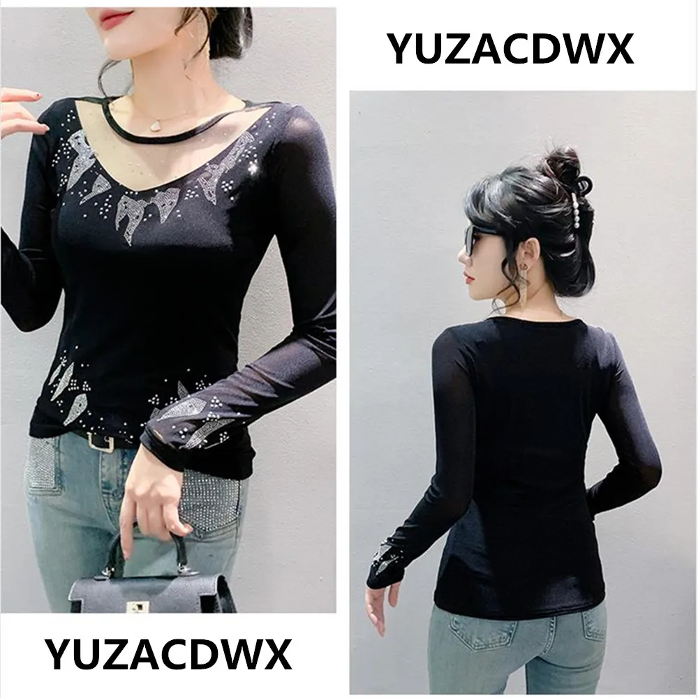 Women Lace Patchwork Sequined T-shirts Female Crew O Neck Long Sleeve Lace Crochet Hollow Out Bling Zircon Tee Tops