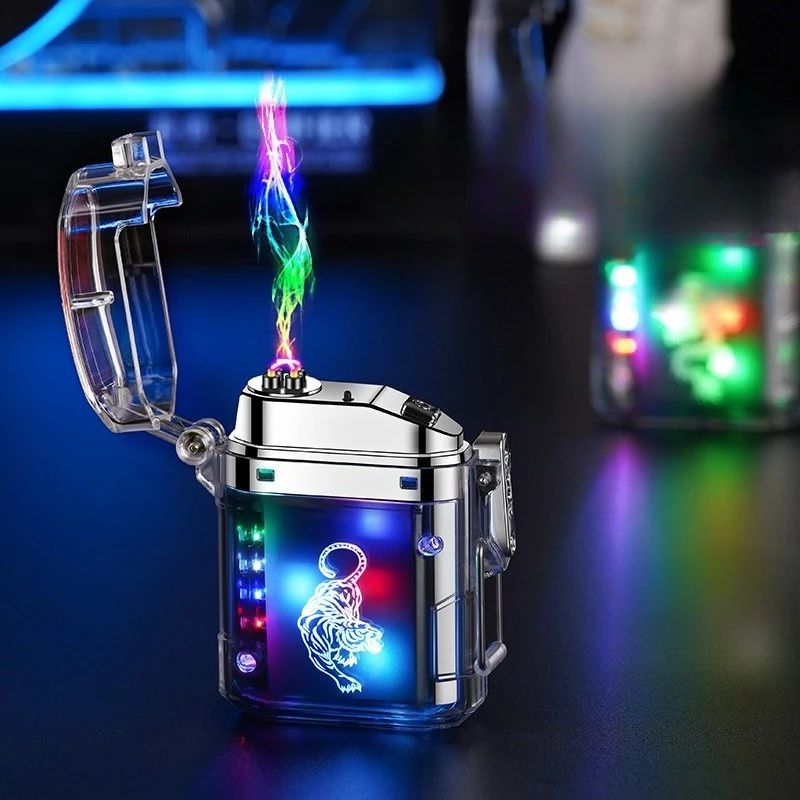 New Creative Waterproof Transparent Cool Color Light Double Arc Windproof Lighter Laser Printed Logo Outdoor Camping Lighter