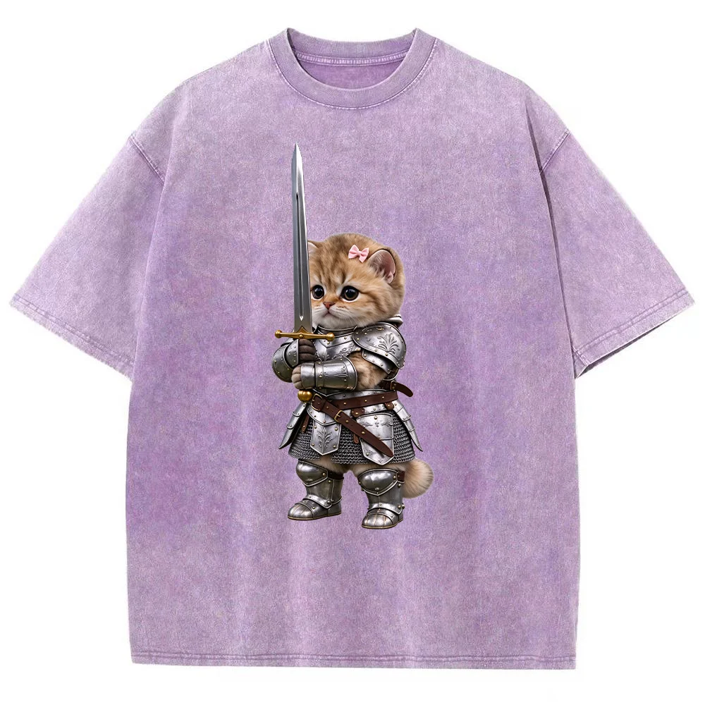 Cute Knight Cat Armor Sword Graphic Print T Shirt Summer Casual Short Sleeve Top Unisex Streetwear Fashion Tee Clothing