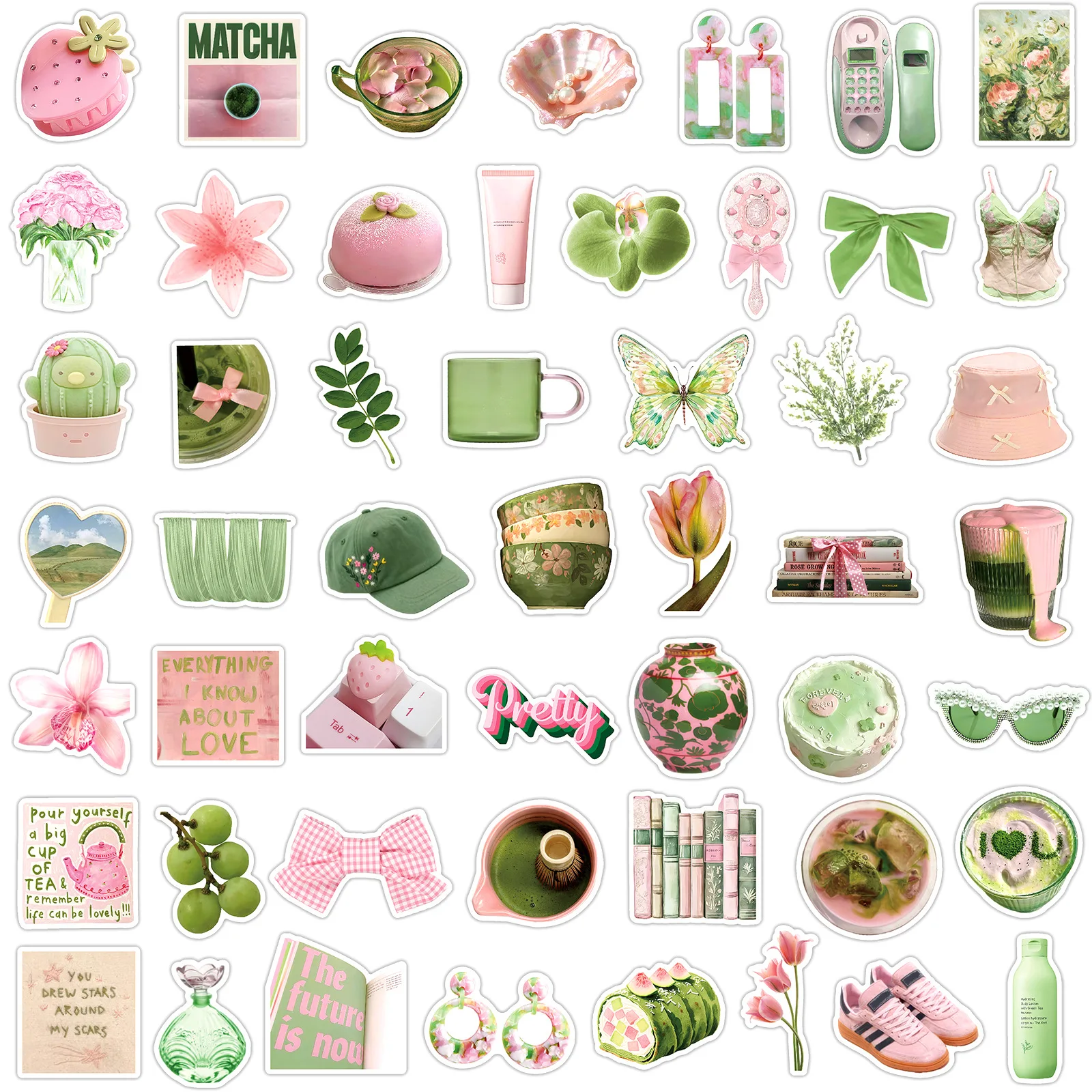 50 Pcs Summer Korean Pink Green Fresh Stickers Waterproof Vinyl Decals for Phone Skateboard Journal Water Bottles