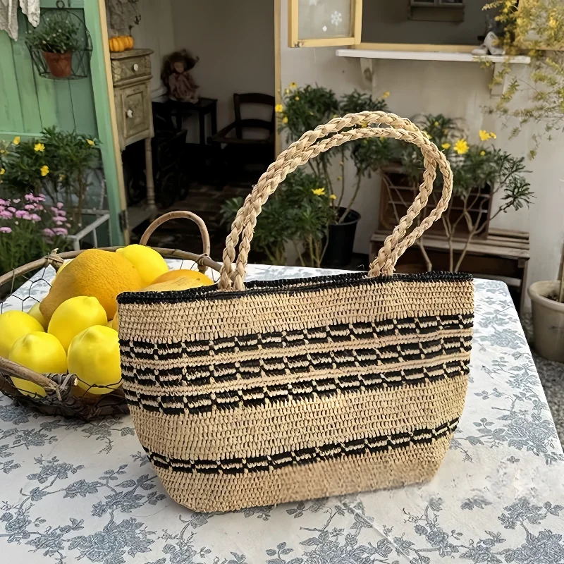 

Fashionable Straw Bag French Retro Stripe Pattern Lightweight Summer Cool Brand Leisure Vacation All-match Handbag Shoulder Bag