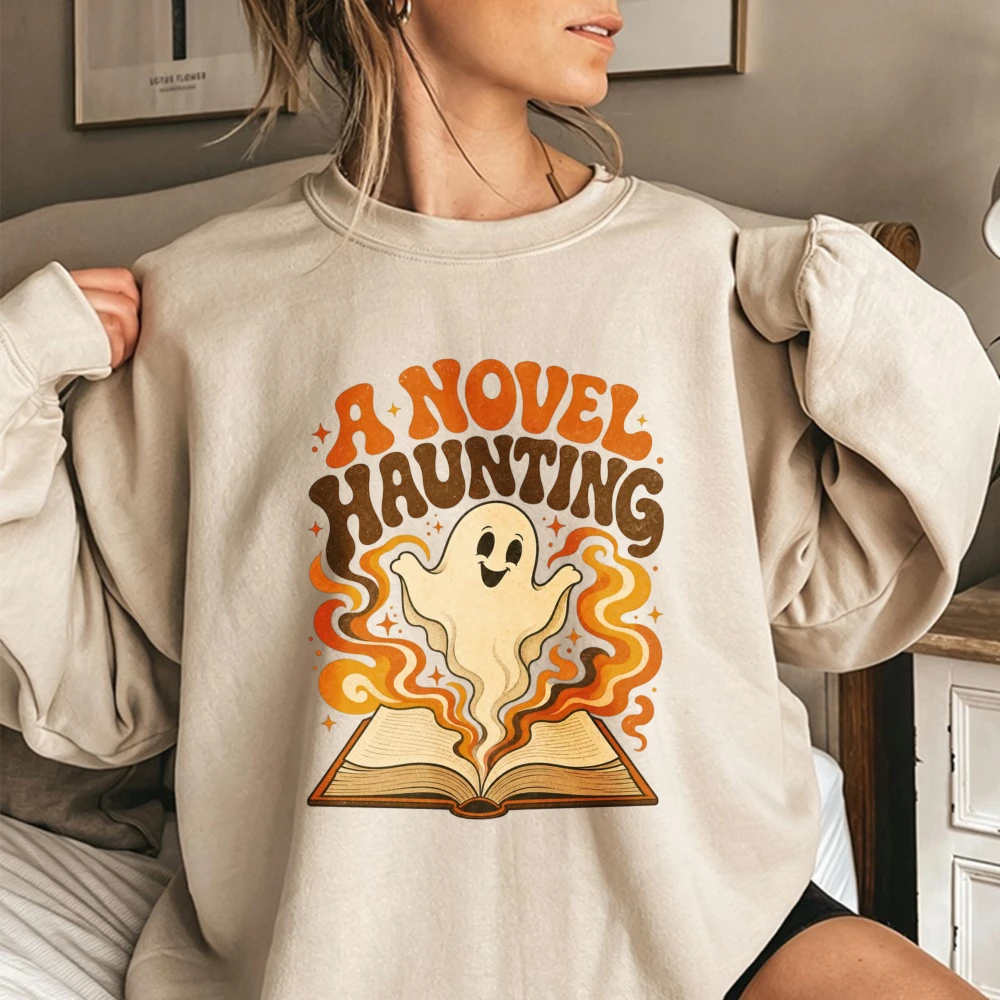 A Novel Haunting Book Ghost Sweater Unisex Streetwear Retro Wavy Flame Graphic Pullover Open Book Phantom Element Crewneck Top