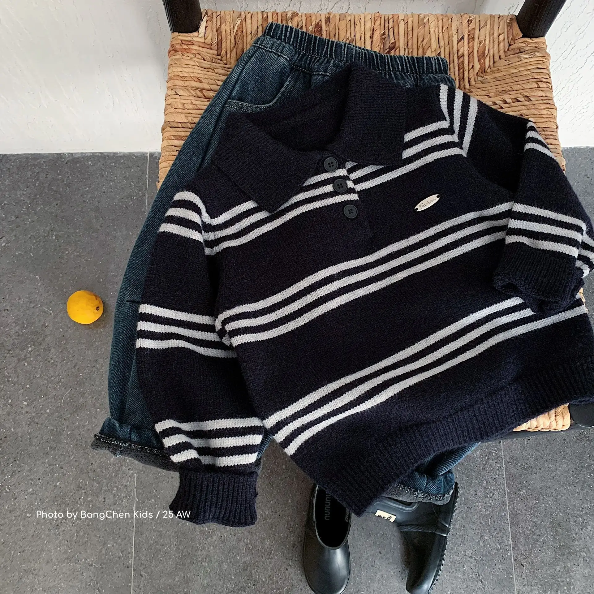 

2025 Winter Children 3-8Y Boy Sweater Striped Thicken Warm Kids Baby Boys Pullovers Casual Polo Collar Toddler Boy Cardigan Tops