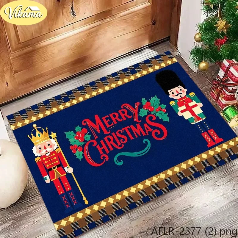 VIKAMA Nutcracker & Typographic Flannel Door Mat, Non-Slip Washable Xmas Mat, Decor for Front Door Entryway Kitchen Bedroom