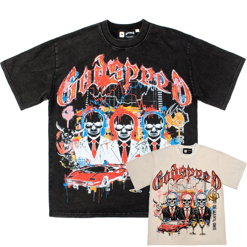 Godspeed Graffiti Skeleton Print American Streetwear Vintage Washed Loose Fit Casual Short Sleeve T-Shirt Pure Cotton Youth F...