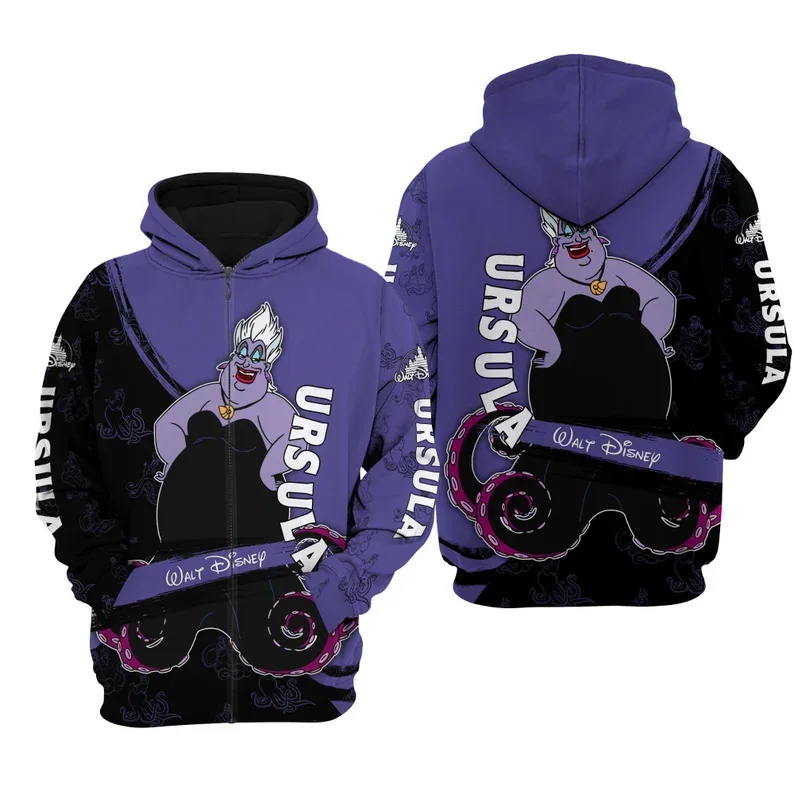 2024 Disney Villains Halloween Purple Black All Over Print Fleece Pullover Zipped Up Hoodies Unisex Outfits Men Women Hoodie