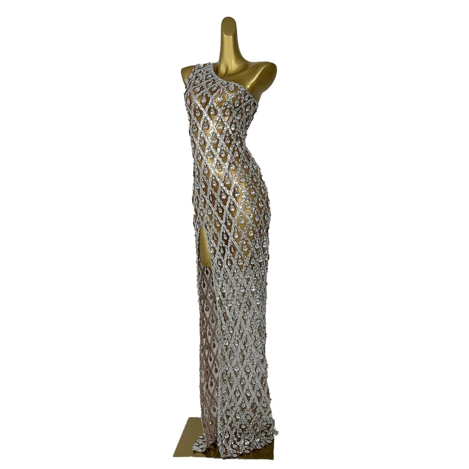 

Women Evening Wedding Party Dresses Sparkly Silver Sequins Diamonds High Split Dress Elegant Celebrate Prom Gown Shaokaojia