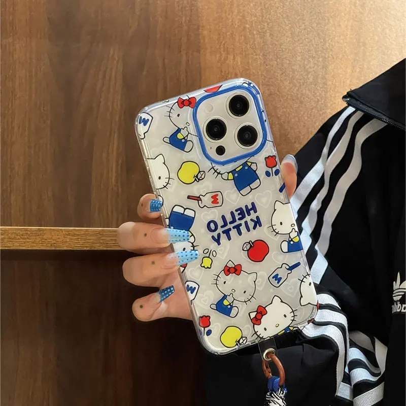 Sanrio Hello Kitty Bow Mirror Blue KT Milk Phone Case For iPhone 15 14 13 12 11 Pro Max XR XS MAX 7 8 Plus MINI Y2K Laser Cover