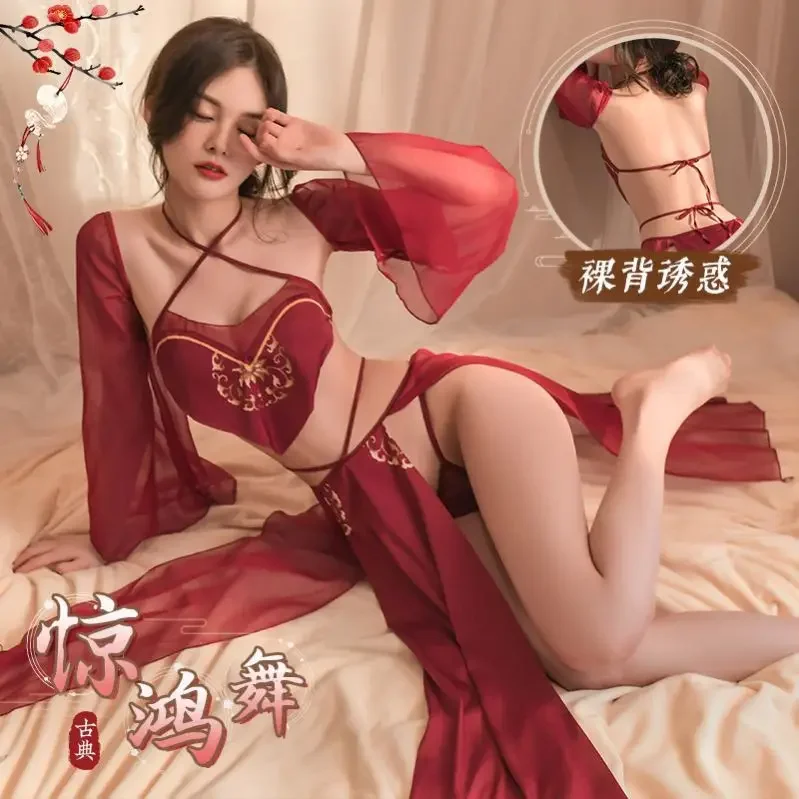 Chinese Hanfu Costumes Porno Stage Show Sexy Lingerie See Through Mesh Nightgowns Classical Nightdress Hanfu Cosplay Allure Suit