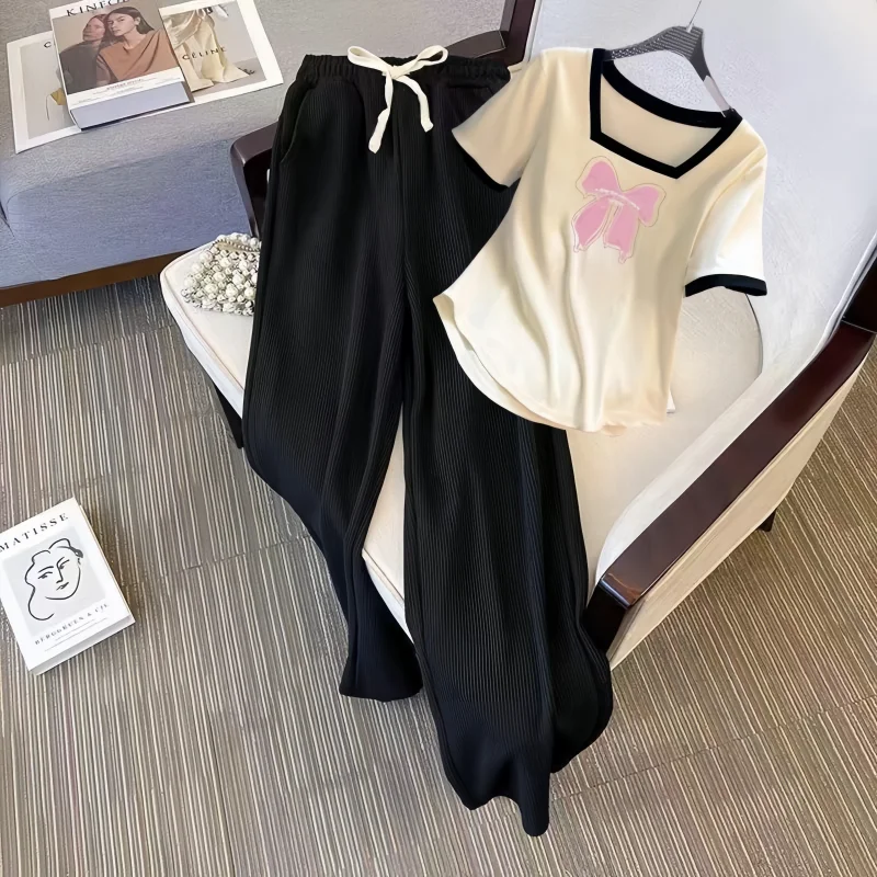 Spring and summer new women's casual wear square neck loose fit T-shirt+fashionable wide leg pants two-piece set