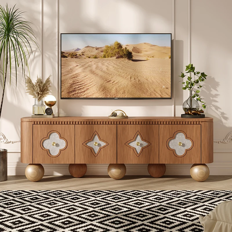 Premium living room home four leaf clover designer cream style solid wood floor standing TV cabinet