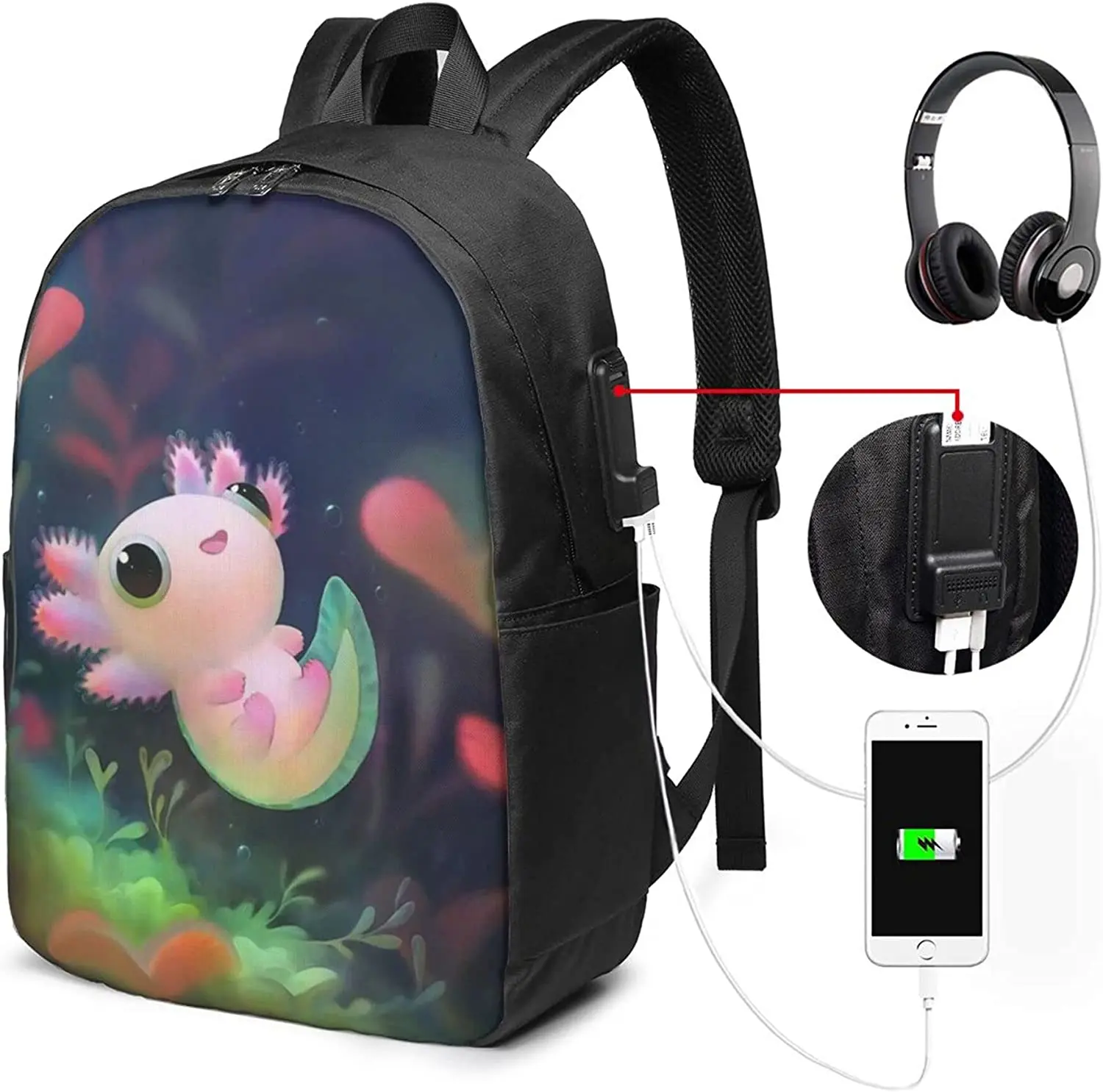 لطيف Axolotls الأسماك الظهر حقيبة ظهر لحمل جهاز الكمبيوتر المحمول كلية BookBag للرجال النساء مع منفذ شحن USB للعمل الرياضة في الهواء الطلق