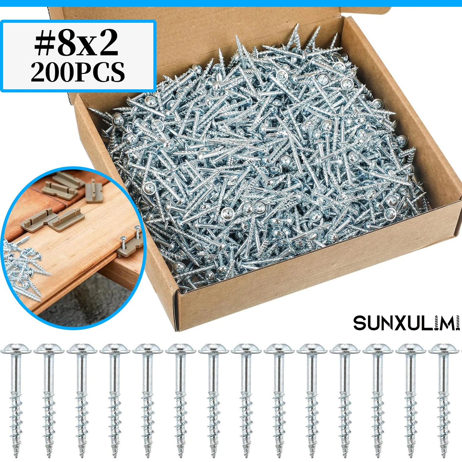 200-Piece Pocket Hole Screw #8 Wood Screws with Coarse Thread Square Head Self-Tapping Heavy Duty Wood Screws for Indoor Use