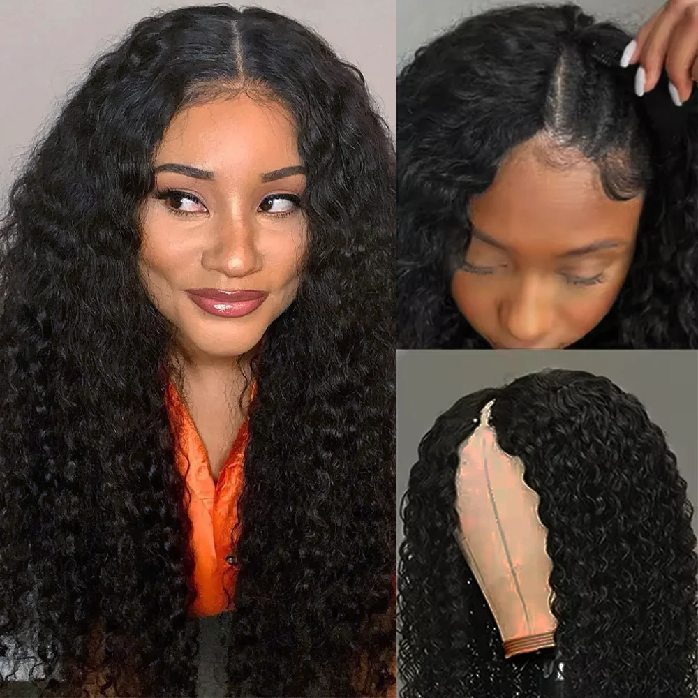 Perruque bouclée en V en cheveux humains, version améliorée avec cordon de serrage, 200 % de densité, sans colle, perruque complète en V à clipser sur toute la tête, demi-perruque