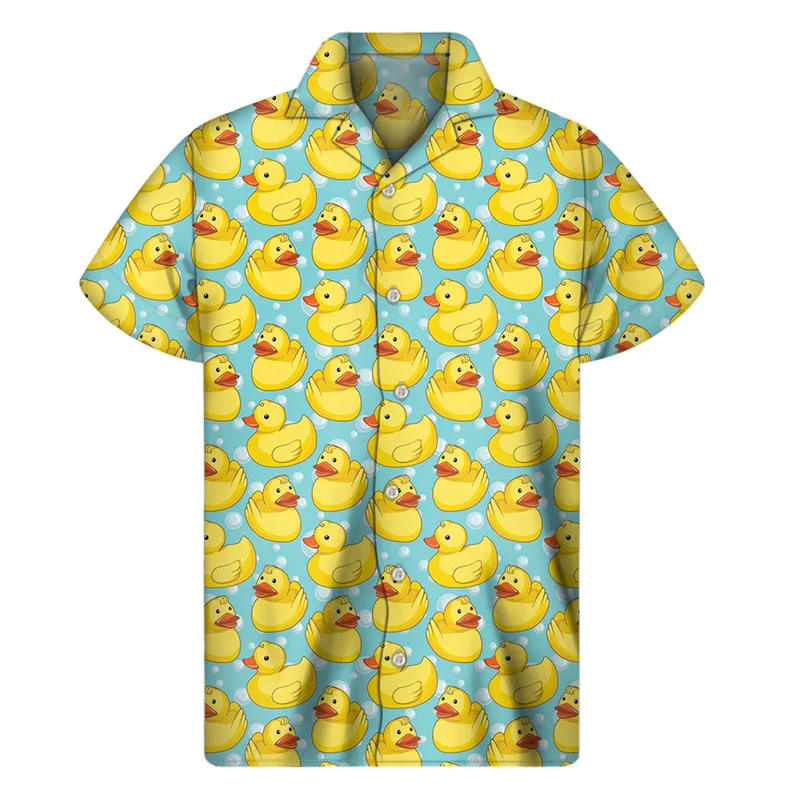 Cute Yellow Rubber Duck Graphic Shirt Men 3D Print Hawaiian Shirts Summer Button Short Sleeve Tops Loose Lapel Aloha Blouse