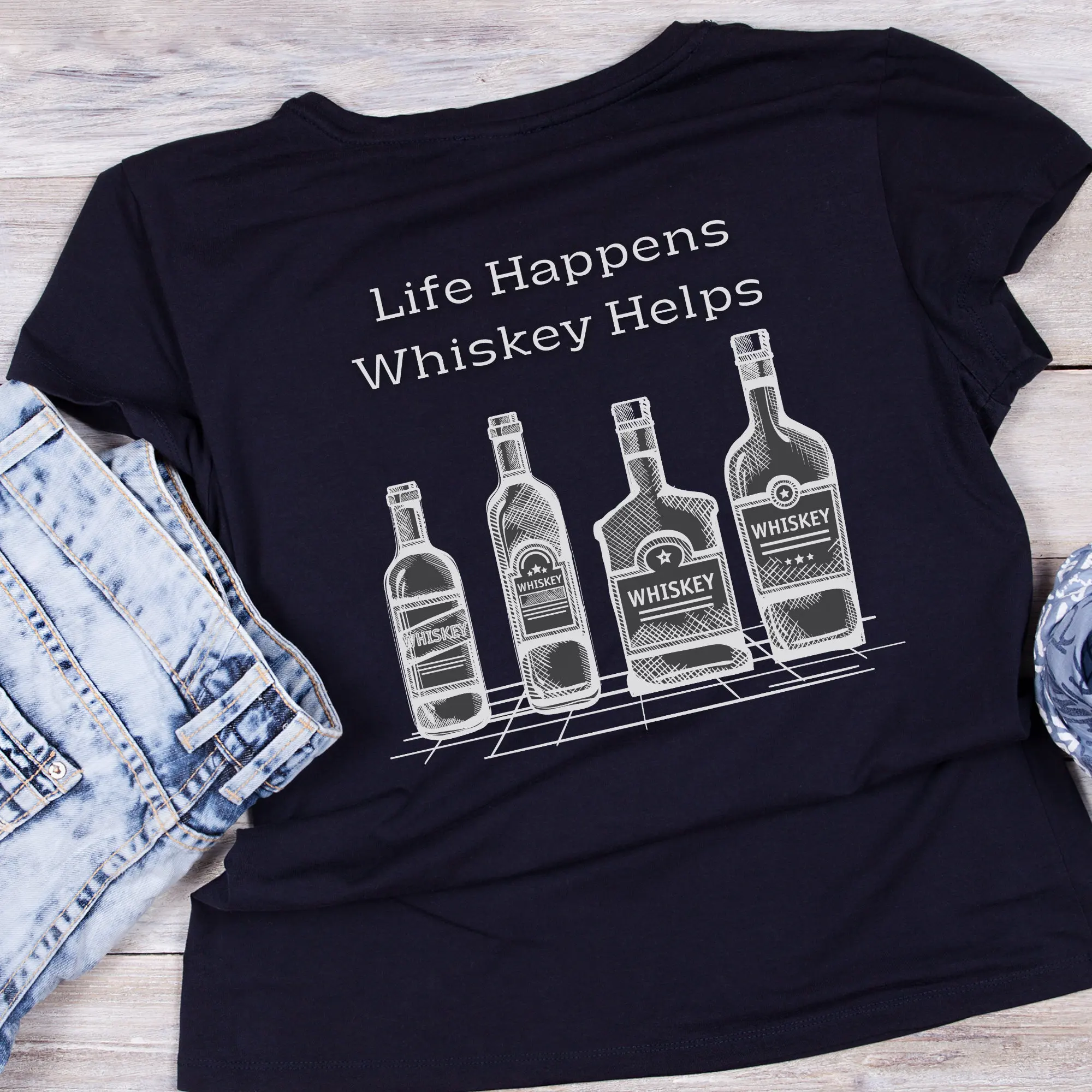 

Life Happens Whiskey Helps Unisex Jersey Short Sleeve Tee, Whiskey T-shirt, Comfy Tee, Drinking T-shirt, Graphic Tee