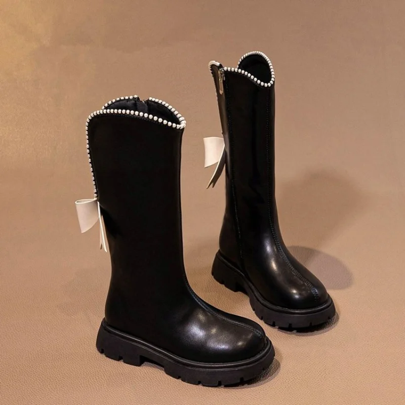 Long Boots for Girls and Children 2024 New Winter Long Leather Boots Princess Foreign Girls Plus Cashmere Shoes