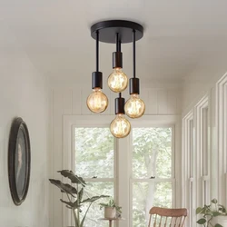 1Pc black modern 4 E27 bulb base ceiling light, suitable for bedroom, kitchen, hallway, corridor chandelier(without bulb)