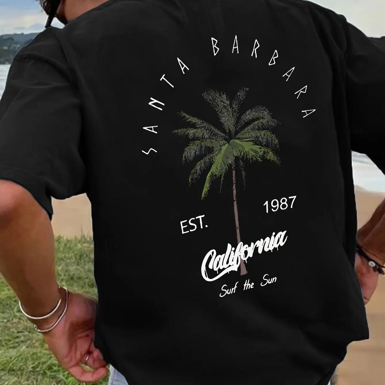 Men Summer Casual T-Shirt Round Neck Short Sleeve with Santa Barbara California Graphic Geometric Palm Tree Design