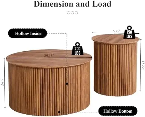 Fluted Round Nesting Coffee Table Set of 2, Mid Century Modern Wood Coffee Tables and End Table Set, Circle Side Table