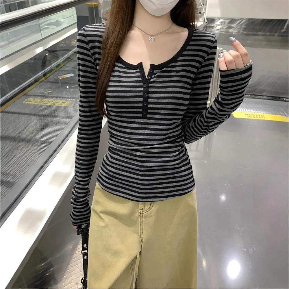 Unique Half Open Collar Button T-Shirt Women's Spring Autumn American BM Sexy Striped Long Sleeve Regular Shoulder Base Shirt