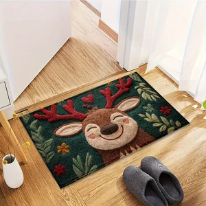 1PCS Fluffy Christmas Deer Microfiber Bath Mat - Quick-Dry & Absorbent, Festive Holiday Design with Red Berries & Green Leaves