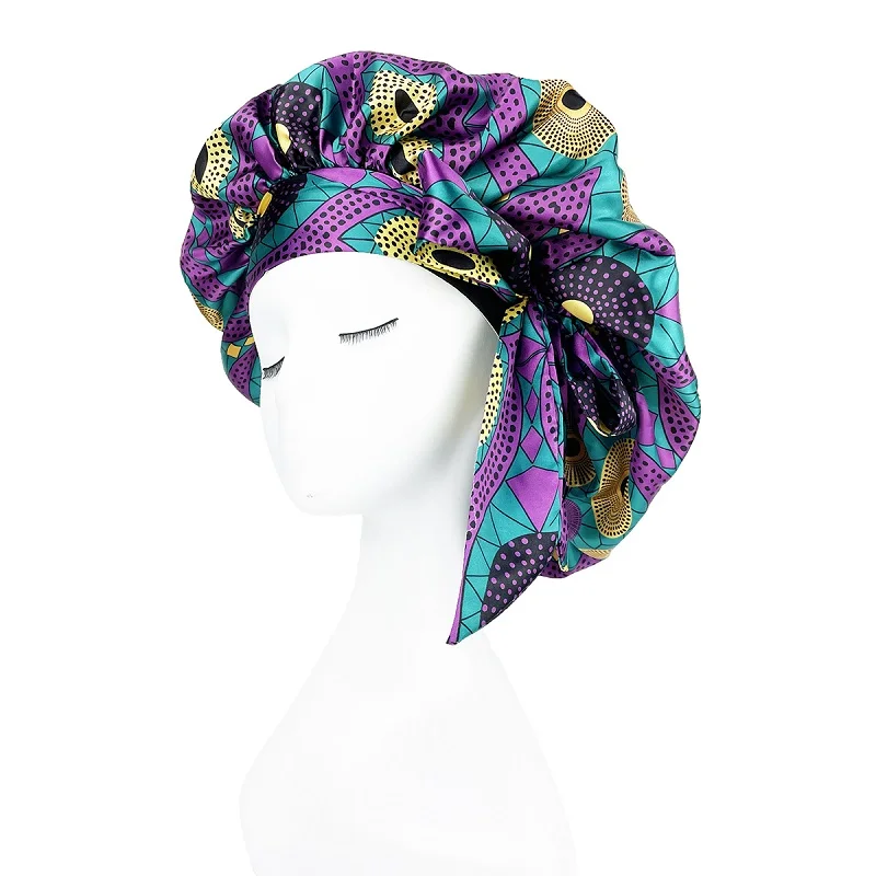 Extra Large African Pattern Print Satin Bonnet Women Night Sleep Cap Adjustable Wide Band Elastic Head Wrap Hair Bonnet Hat