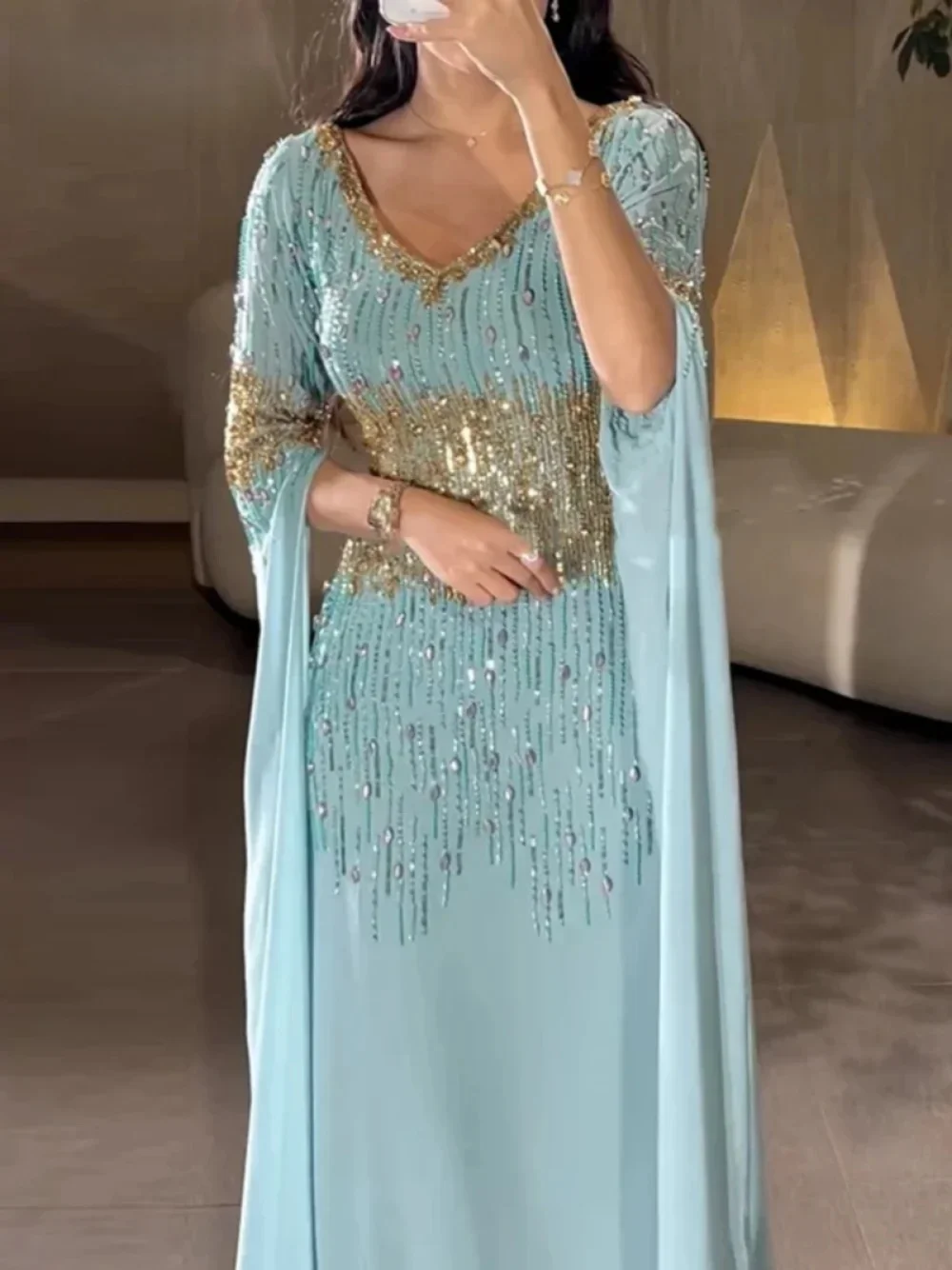 Luxuriöser marokkanischer Kaftan, formelle Abendkleider, A-Linie, lange Ärmel, Chiffon, Perlen, Ballkleider, arabische Partykleider, individuell gestaltet