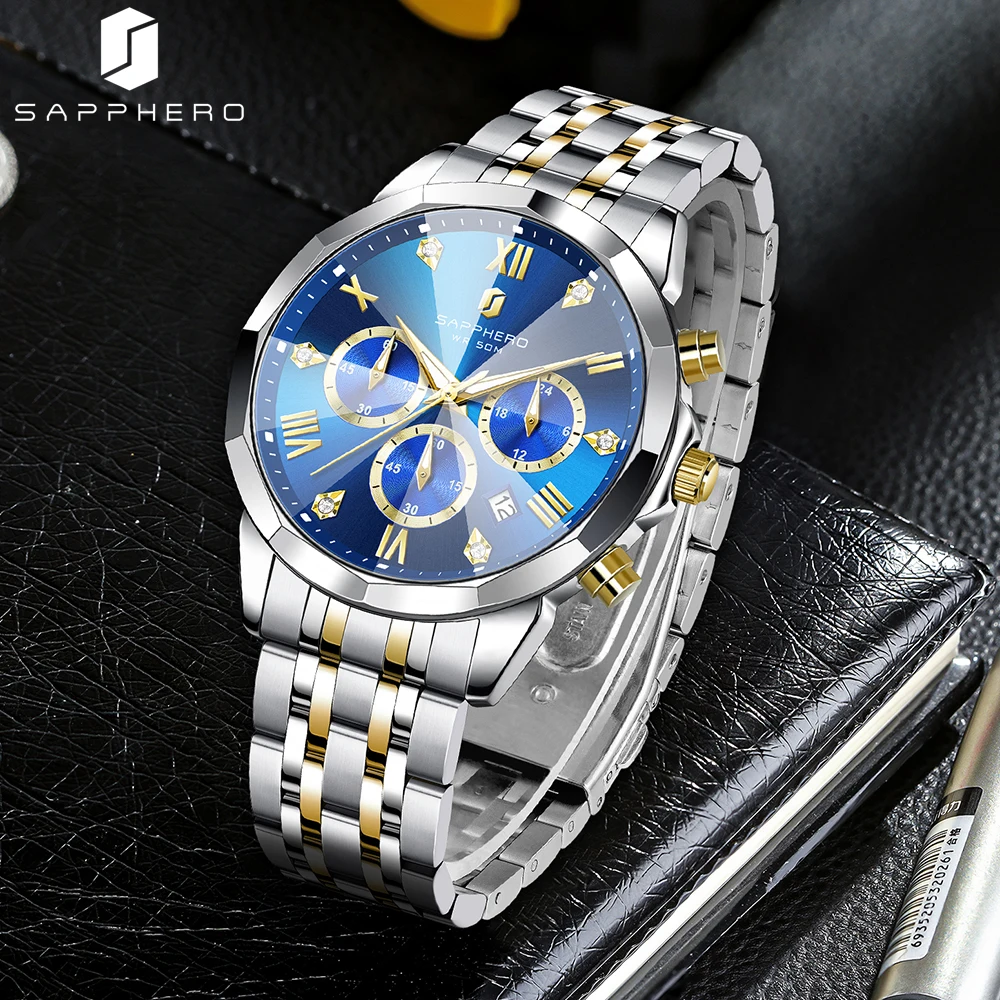 

SAPPHERO Роскошные мужские наручные часы Водонепроницаемые светящиеся часы с хронографом для мужчин Мужские кварцевые часы из нержавеющей стали reloj hombre