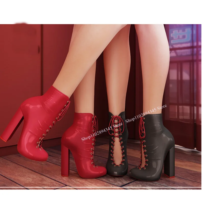 Black Hollow Lace Up Mid Calf Boots Round Toe Chunky Heel Fashionable Sexy 2024 Winter Big Size Woman Shoes Zapatillas Mujer