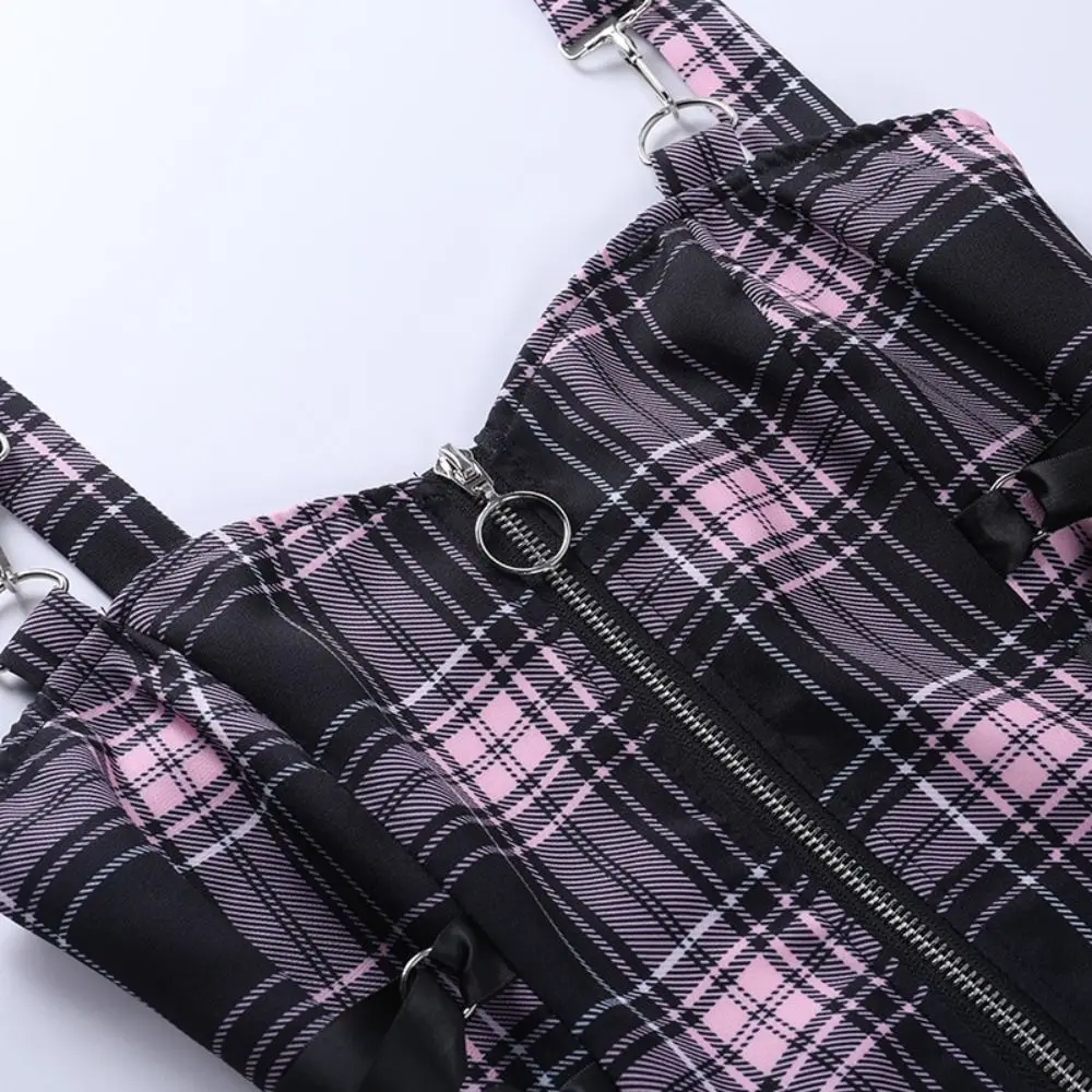 Black Blue Pink Harajuku Y2K Sexy Dress Aesthetic Streetwear Y2K Plaid Corset Dress Sleeveless Design Gothic Punk Plaid Dress