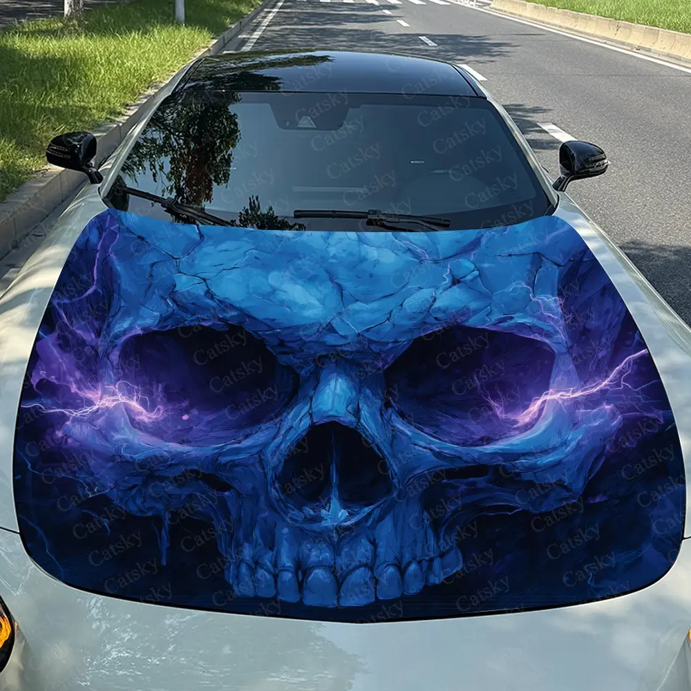 Purple Lightning Skull Car Hood Sticker, Premium Vinyl Sticker For Automotive Exterior Customization, Durable PVC Vinyl Wrap