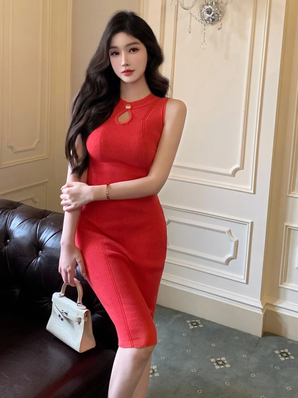 Gege Socialite Elegant Sexy High-Grade round Neck Sleeveless Knitted dress Slim fit Bottoming Midi dress Fashion