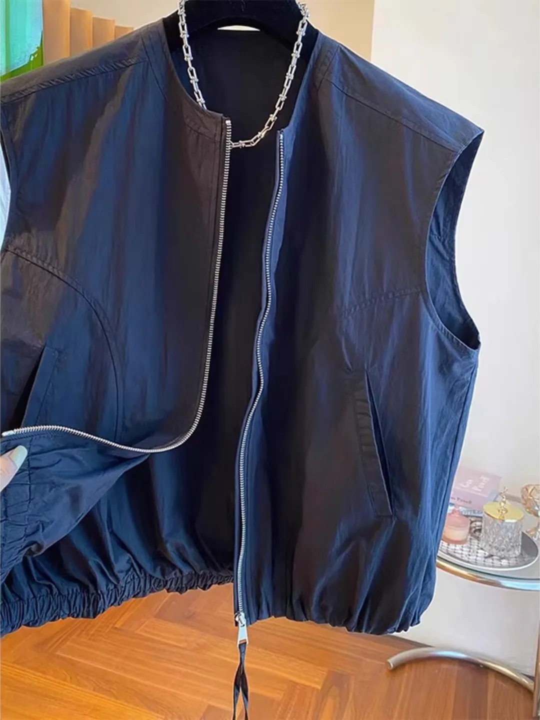 Women's Workwear Zipper Vest Jaet Summer High-End Loose Layering Svel oulder Pad round Ne Tank Top