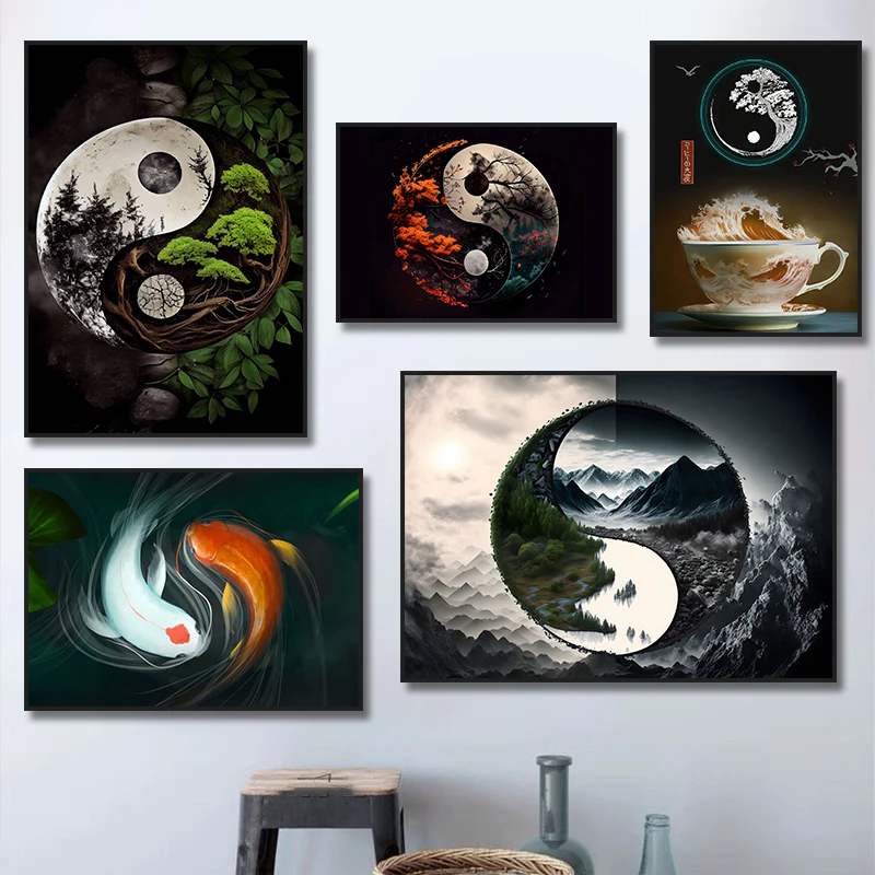 Pintura de lienzo de Naturaleza de paisaje de carpa Koi, ocho diagramas de Tai Chi Yin Yang, póster artístico y Mural, decoración de entrada de sala de estar