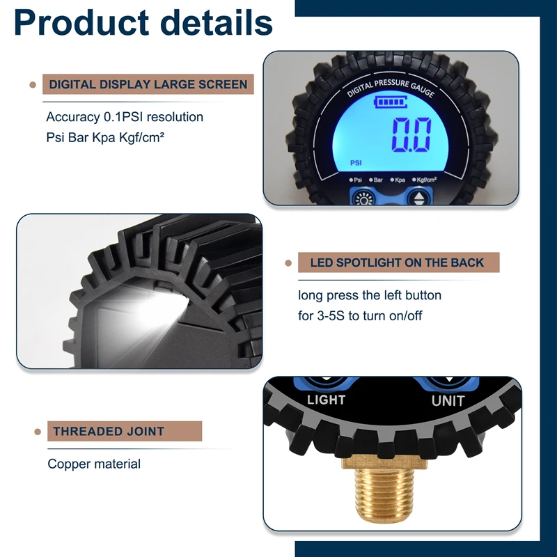 Tire Pressure Gauge Digital Tire Tester Display Air Pressure Manometer Quick Connect Coupler