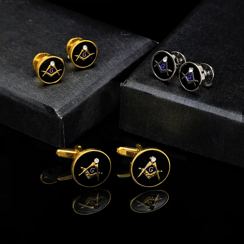 Masonic Symbols Crystal Cufflinks Freemason Logo Sleeve Nail Gold Silver Colors Mens Jewelry With Free Shipping