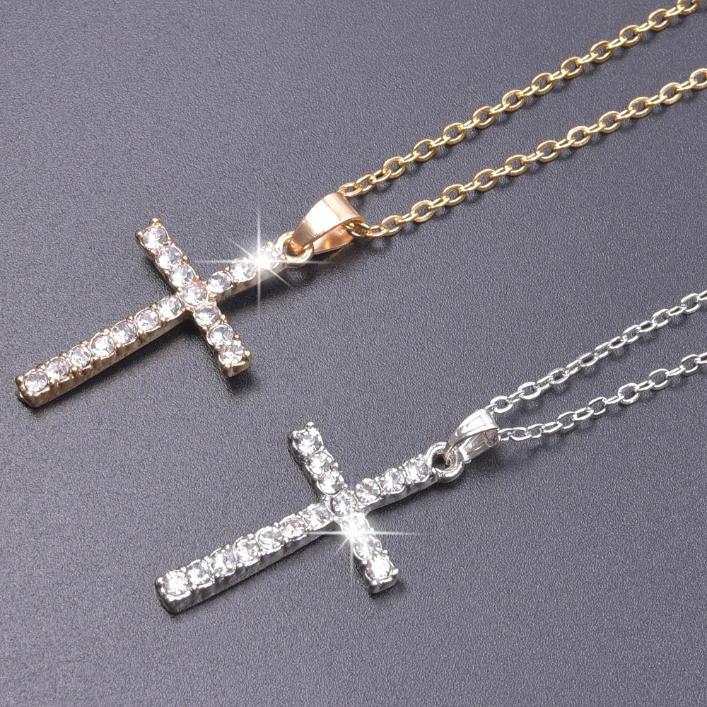 Women Necklace Jewelry Chain Fashion Cross With Rhinestone Pendant Necklace Stainless Steel Choke Ring Women Accessories New