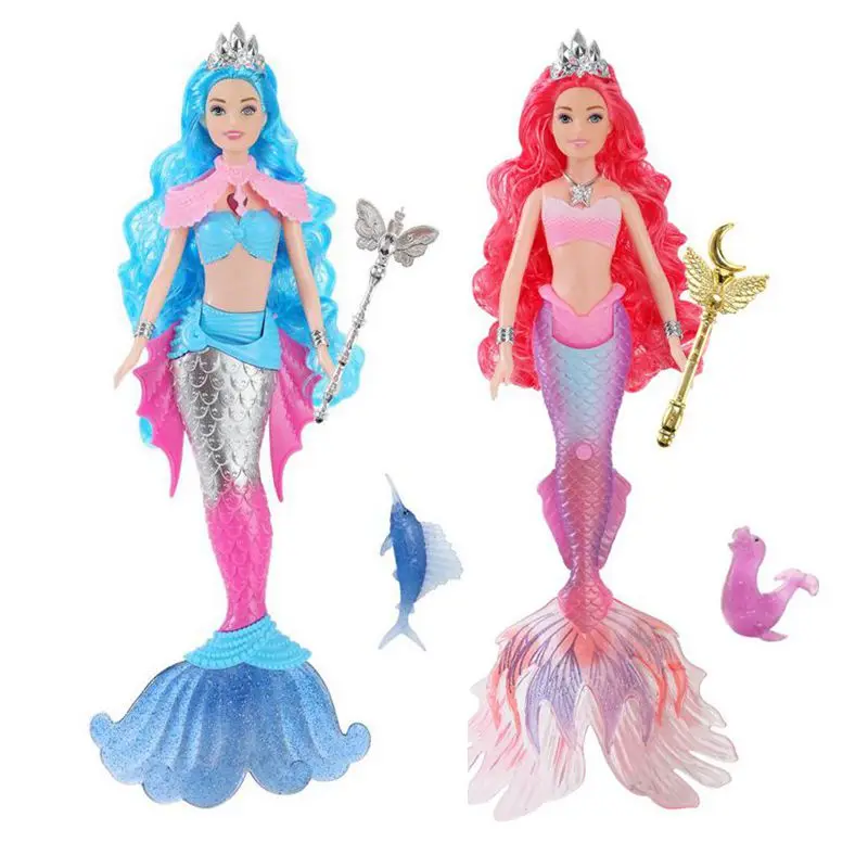 Bambole a sirena Illuminazione musicale Giocattoli per bambini Corpo di bambola colorato Rosa Blu Rosso Viola Capelli Accessori in miniatura per