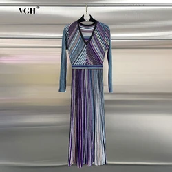 VGH Colorful Wool Knitting Midi Dress For Women V Neck Long Sleeve High Waist Spliced Folds Slim A Line Pullover Dresses Female