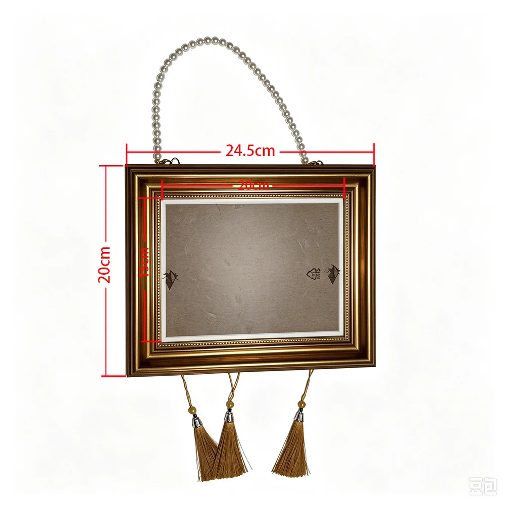 Antique Gold Color Decorative Hanging Frame with Pearl Beaded Chain & Tassels Photo Frame for Living Room Entrance Wall Decor