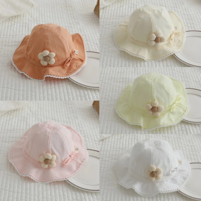 Summer Baby Bucket Hat Girls Sweet Candy Color Lace Edge Fisherman Cap Korea Style Floral Decor Sun Hat Panama Cap 2-6Y