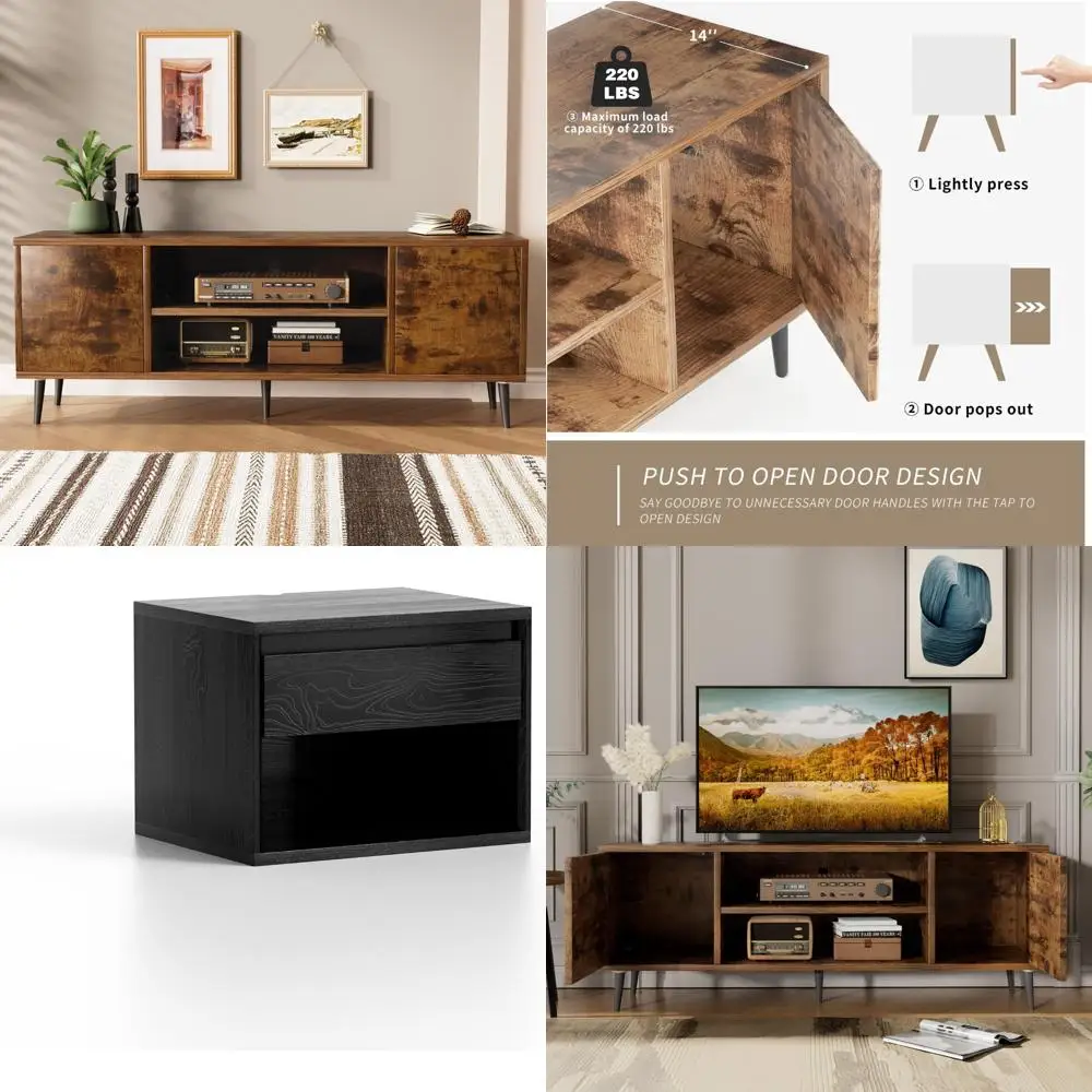 حامل تلفزيون مقاس 65 بوصة، مركز ترفيه حديث لمنتصف القرن مع مساحة تخزين وأرفف مفتوحة وأثاث وحدة تحكم تلفزيون