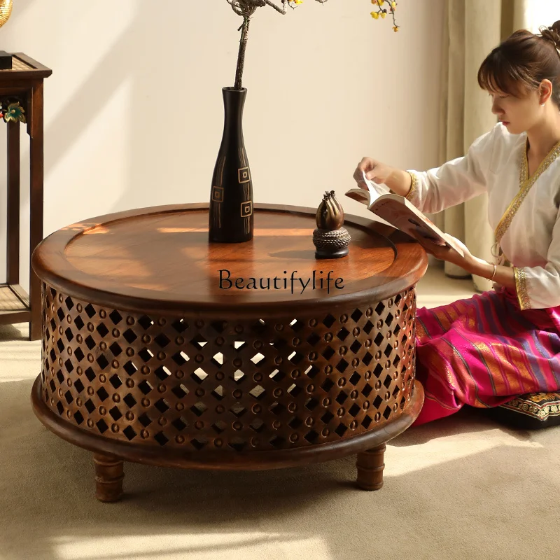 * Mesa de chá estilo da Ásia do Sul, mesa de centro redonda de olmo antigo, novo estilo chinês, sala de estar, casa