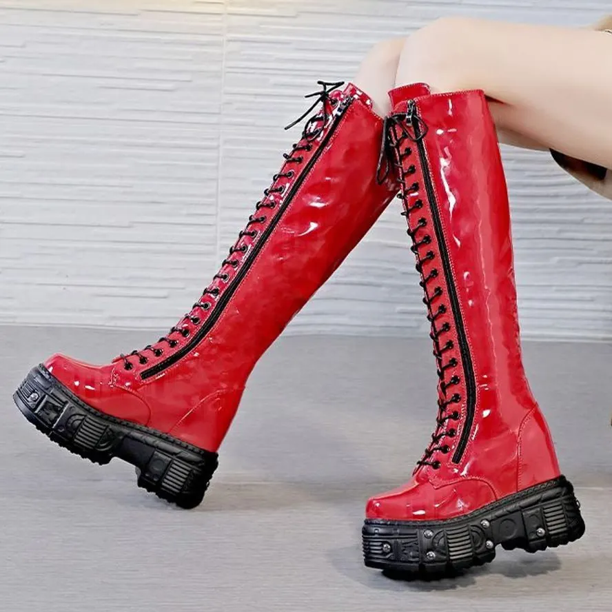 Punk Platform Pumps Women's Bright Cow Leather Lace Up Knee High Boots Wedge High Heels Creeper Height Increasing Party Shoe