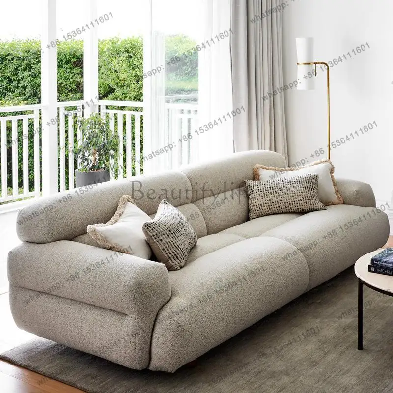 LS Cream Wind Fabric Sofa Modern Simple Lamb Fleece Straight Row High Back Fabric Sofa