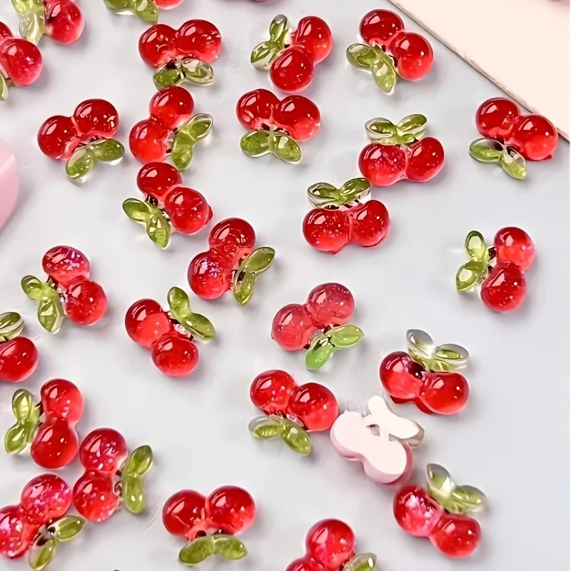 30pcs Mini Red Cherry Resin Nail Charms 3D Cute Fruit Embellishments for Spring/Summer DIY Manicure