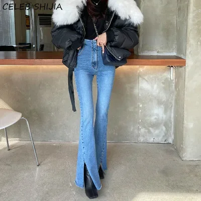 

SHIJIA Skinny Ripped Jeans for Women High Waist Elastic Blue Split Denim Jeans Lady Chic Fashion Flare Pants Mom Bottoms New